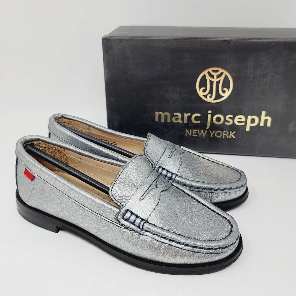 Marc Joseph Kids Loafers Sz 12 East Village Casual Shoes Platinum Leather Girls